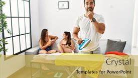  Presentation with ironing - Presentation design with young-hispanic-man-ironing-clothes background and a yellow colored foreground