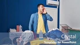  Presentation with ironing - PPT layouts enhanced with young-hispanic-man-ironing-clothes background and a ocean colored foreground