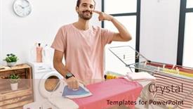  Presentation with ironing - Slide deck having young-hispanic-man-ironing-clothes background and a  colored foreground
