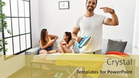  Presentation with ironing - Presentation theme having young-hispanic-man-ironing-clothes background and a yellow colored foreground