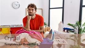  Presentation with laundry room - Slide set featuring young-hispanic-man-ironing-clothes background and a  colored foreground