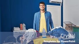  Presentation with ironing - Presentation theme featuring young-hispanic-man-ironing-clothes background and a ocean colored foreground