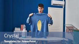  Presentation with laundry room - PPT theme with young-hispanic-man-ironing-holding background and a ocean colored foreground
