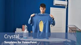  Presentation with ironing - Presentation theme having young-hispanic-man-ironing-holding background and a ocean colored foreground