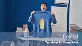  Presentation with ironing - Presentation enhanced with young-hispanic-man-ironing-holding background and a ocean colored foreground