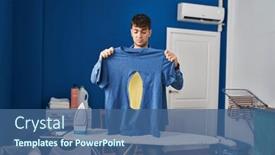  Presentation with ironing - PPT theme consisting of young-hispanic-man-ironing-holding background and a ocean colored foreground