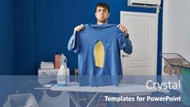  Presentation with laundry room - Presentation theme consisting of young-hispanic-man-ironing-holding and a ocean colored foreground
