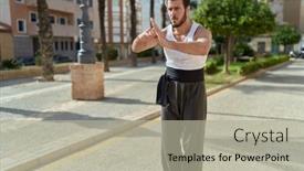  Presentation with karate - PPT theme having young-hispanic-man-karate-fighter background and a light gray colored foreground