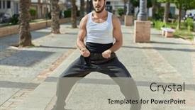  Presentation with karate - Theme consisting of young-hispanic-man-karate-fighter background and a light gray colored foreground