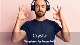  Presentation with music headphones - PPT theme with young-hispanic-man-listening background and a navy blue colored foreground