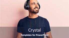  Presentation with music headphones - Presentation design with young-hispanic-man-listening background and a navy blue colored foreground