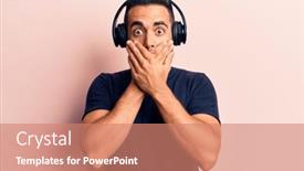  Presentation with music headphones - PPT theme enhanced with young-hispanic-man-listening background and a coral colored foreground