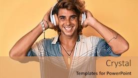  Presentation with music headphones - Audience pleasing PPT theme consisting of young-hispanic-man-listening backdrop and a coral colored foreground