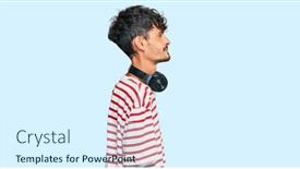  Presentation with music headphones - Slide deck with young-hispanic-man-listening background and a sky blue colored foreground