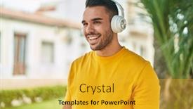  Presentation with listening - PPT theme enhanced with young-hispanic-man-listening background and a gold colored foreground