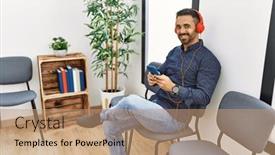  Presentation with waiting room - PPT layouts enhanced with young-hispanic-man-listening background and a coral colored foreground