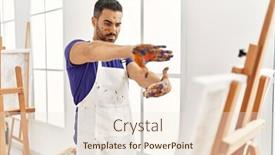  Presentation with canvas - Presentation design having young-hispanic-man-looking-canvas background and a lemonade colored foreground