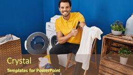  Presentation with laundry room - PPT theme enhanced with young-hispanic-man-looking-clean background and a tawny brown colored foreground