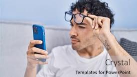  Presentation with vision - PPT theme with young-hispanic-man-looking-smartphone background and a light gray colored foreground