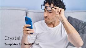  Presentation with vision - Theme consisting of young-hispanic-man-looking-smartphone background and a light gray colored foreground