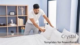  Presentation with bed - Presentation theme having young-hispanic-man-make-bed background and a  colored foreground