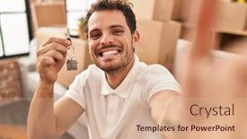  Presentation with new home - PPT theme featuring young-hispanic-man-make-selfie background and a coral colored foreground