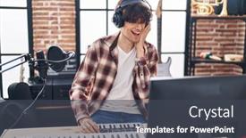  Presentation with audio tape in music studio - Presentation having young-hispanic-man-musician-composing background and a dark gray colored foreground