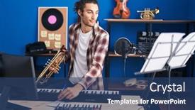  Presentation with trumpet - PPT theme featuring young-hispanic-man-musician-composing background and a ocean colored foreground