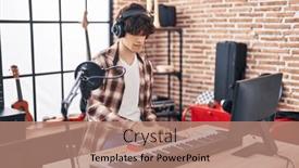  Presentation with music studio - PPT theme featuring young-hispanic-man-musician-composing background and a coral colored foreground