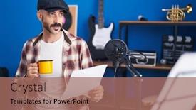  Presentation with coffee music - Presentation theme with young-hispanic-man-musician-drinking background and a coral colored foreground