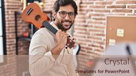  Presentation with music studio - Slide deck with young-hispanic-man-musician-holding background and a coral colored foreground