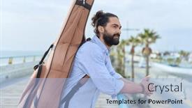  Presentation with case - Presentation theme consisting of young-hispanic-man-musician-holding background and a light blue colored foreground