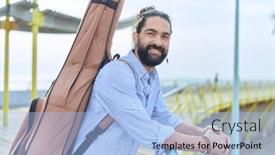  Presentation with case - PPT layouts consisting of young-hispanic-man-musician-holding background and a light blue colored foreground