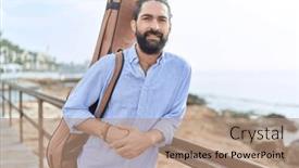  Presentation with case - Presentation enhanced with young-hispanic-man-musician-holding background and a coral colored foreground