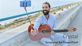  Presentation with classical guitar - Presentation having young-hispanic-man-musician-holding background and a light blue colored foreground