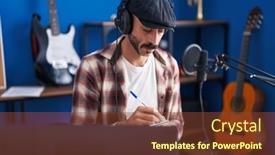  Presentation with music studio - PPT theme having young-hispanic-man-musician-listening background and a tawny brown colored foreground
