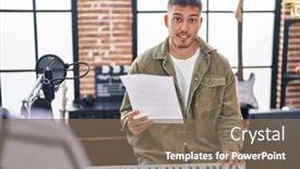  Presentation with piano keyboard - Presentation theme having young-hispanic-man-musician-playing background and a violet colored foreground