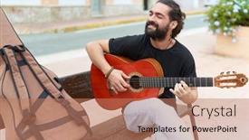 Presentation with man sitting bench - Presentation featuring young-hispanic-man-musician-playing background and a coral colored foreground