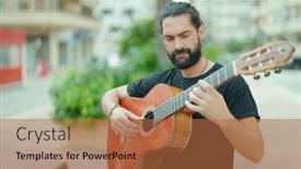  Presentation with classical guitar - PPT theme having young-hispanic-man-musician-playing background and a red colored foreground
