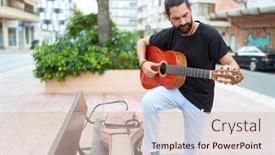  Presentation with classical guitar - Slides enhanced with young-hispanic-man-musician-playing background and a soft green colored foreground