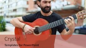  Presentation with classical guitar - PPT layouts consisting of young-hispanic-man-musician-playing background and a red colored foreground