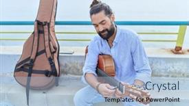 Presentation with man sitting bench - Presentation design featuring young-hispanic-man-musician-playing background and a light blue colored foreground