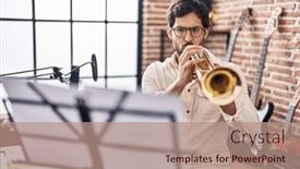  Presentation with trumpet - Presentation design enhanced with young-hispanic-man-musician-playing background and a coral colored foreground