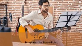  Presentation with classical music - Presentation theme enhanced with young-hispanic-man-musician-playing background and a red colored foreground