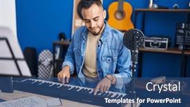  Presentation with piano keyboard - PPT theme having young-hispanic-man-musician-playing background and a ocean colored foreground