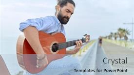  Presentation with classical guitar - Slides having young-hispanic-man-musician-playing background and a light blue colored foreground
