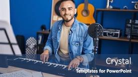  Presentation with piano keyboard - Slide deck with young-hispanic-man-musician-playing background and a ocean colored foreground