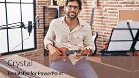  Presentation with ukulele - Slide deck with young-hispanic-man-musician-playing background and a coral colored foreground