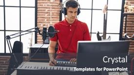  Presentation with piano - PPT theme having young-hispanic-man-musician-playing background and a dark gray colored foreground