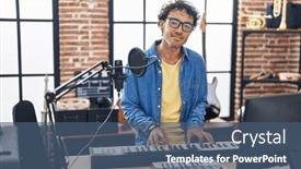  Presentation with piano keyboard - Slides enhanced with young-hispanic-man-musician-playing background and a ocean colored foreground